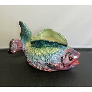 Vintage Fish Planter Pottery Artist Signed Chappel Multicolor FS Bnfts Charity